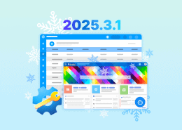 Software dashboard illustration with snowflakes, gear and wrench icon, and 2025.3.1 on a light blue background.