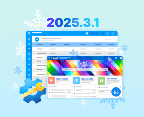 Software dashboard illustration with snowflakes, gear and wrench icon, and 2025.3.1 on a light blue background.