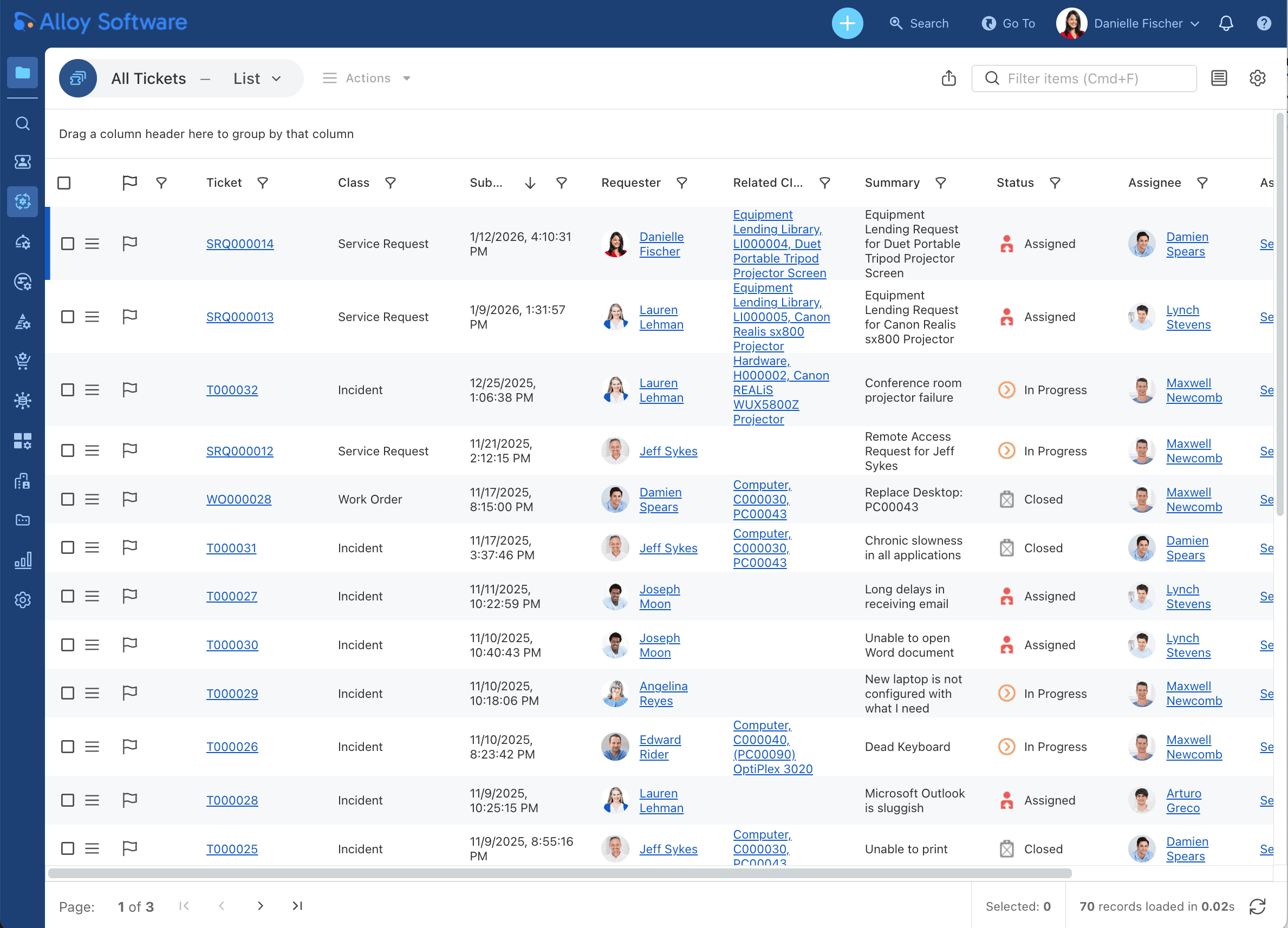 Screenshot of Alloy Software ticket list showing service requests and incidents with status and assignees.