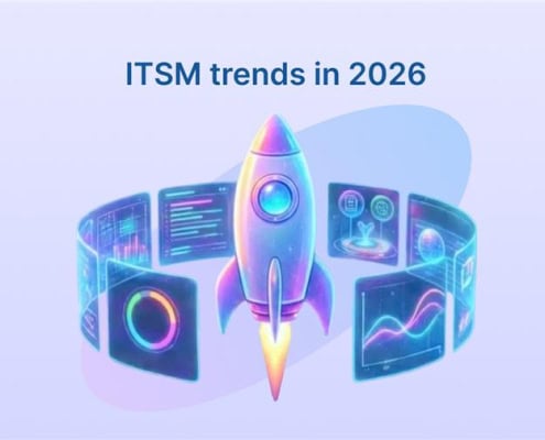 Slide titled “ITSM trends in 2026” with a neon rocket and floating analytics dashboards displaying charts and data visuals.