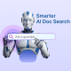 Humanoid robot centered, holding a glowing search bar labeled “Ask a question” with soft purple and blue gradient background.