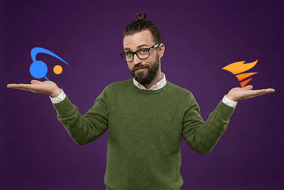 Man with glasse shrugs while holding two competing software logos in each hand against a purple background.