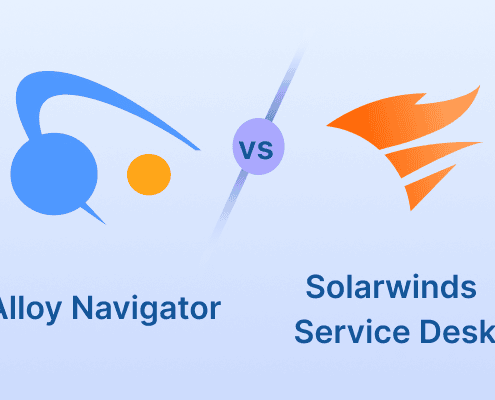 Alloy Navigator vs SolarWinds Service Desk comparison graphic with logos and labels on a blue gradient background.