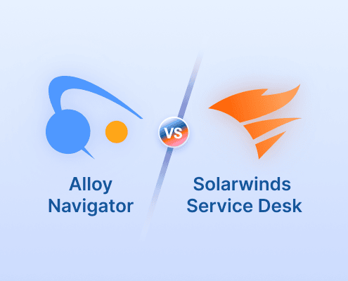 Alloy Navigator vs SolarWinds Service Desk comparison graphic with logos and labels on a blue gradient background.