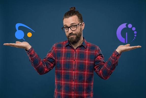 alloy-navigator-vs-invgate-ready-to-compare Man comparing two software options with logos in each hand, weighing choices against a blue background.