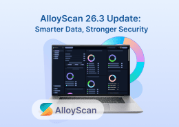 AlloyScan 26.3 update banner with laptop dashboard showing analytics charts and text “Smarter Data, Stronger Security.”