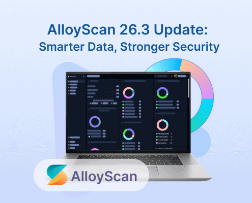AlloyScan 26.3 update banner with laptop dashboard showing analytics charts and text “Smarter Data, Stronger Security.”