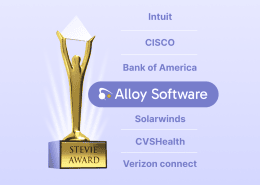 Gold Stevie Award trophy on light background with company list, emphasizing Alloy Software among major brands.