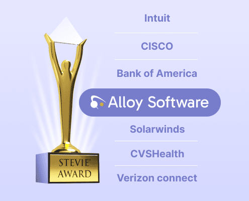 Gold Stevie Award trophy on light background with company list, emphasizing Alloy Software among major brands.