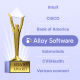 Gold Stevie Award trophy on light background with company list, emphasizing Alloy Software among major brands.