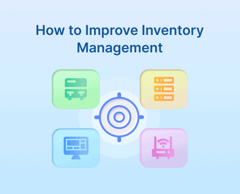 Banner reading “How to Improve Inventory Management” with icons of servers, devices, and network around a central hub.