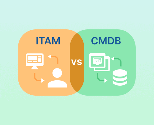 ITAM vs CMDB comparison graphic showing user-focused asset management versus system data and relationships.