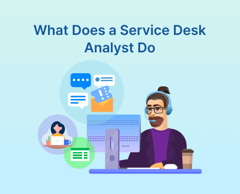 Illustration of a service desk analyst with headset working at a computer, with icons showing chat, email, and user support tasks.