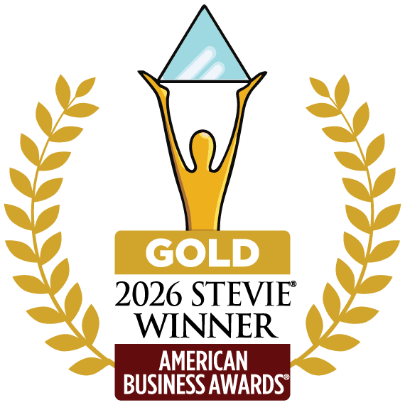 Gold American Business Awards trophy with laurel wreath and “Gold” label, symbolizing a Stevie Award win.