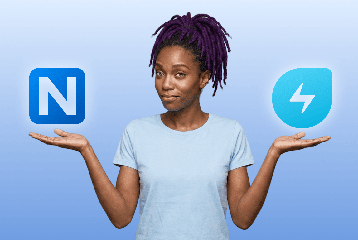 an-vs-fs-weights Woman holding floating Alloy Navigator logo and Freshservice logo in each hand against a blue gradient background.