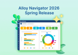 Alloy Navigator 2026 Spring Release graphic with dashboard illustration, charts, leaves, and sparkle icons.