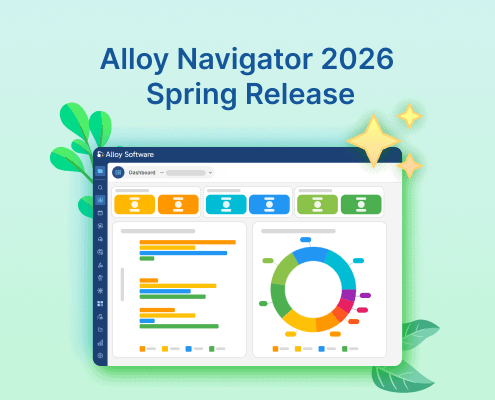 Alloy Navigator 2026 Spring Release graphic with dashboard illustration, charts, leaves, and sparkle icons.