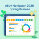 Alloy Navigator 2026 Spring Release graphic with dashboard illustration, charts, leaves, and sparkle icons.