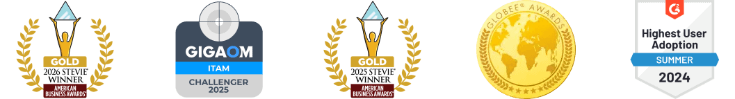 Award badges: American Business Awards Gold (x2), GigaOm Radar Titan Challenger 2025, Globee Awards medal, Highest User Adoption Summer 2024.