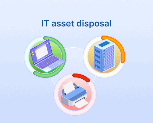 IT asset disposal graphic showing laptop, server rack, and printer icons on a light blue background.