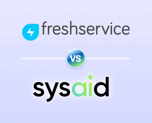 Freshservice vs SysAid comparison graphic with both software logos separated by a VS badge on a light background.