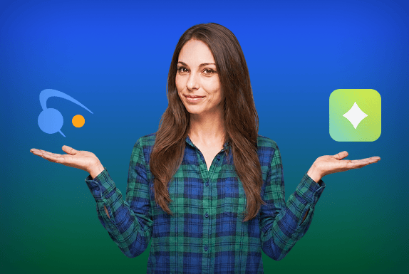 alloy-navigator-vs-sysaid-ready-to-compare Woman comparing two ITSM solutions, holding SysAid and Alloy Navigator logos against a blue-green gradient background.