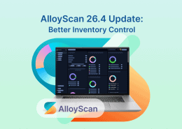 AlloyScan 26.4 update banner highlighting improved inventory control with dashboard preview and branding.
