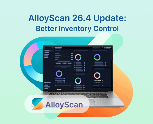 AlloyScan 26.4 update banner highlighting improved inventory control with dashboard preview and branding.