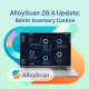 AlloyScan 26.4 update banner highlighting improved inventory control with dashboard preview and branding.