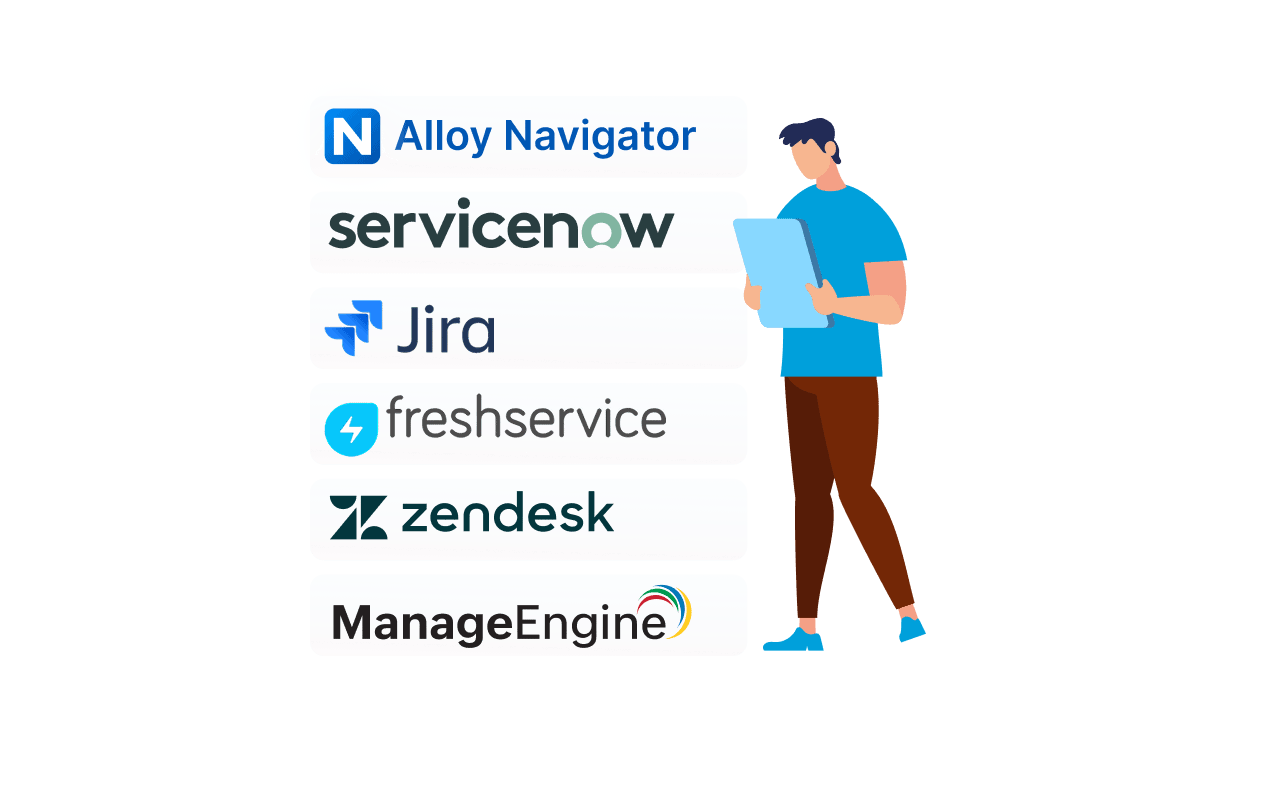 Illustration comparing ITSM tools including Alloy Navigator, ServiceNow, Jira, Freshservice, Zendesk, and ManageEngine.