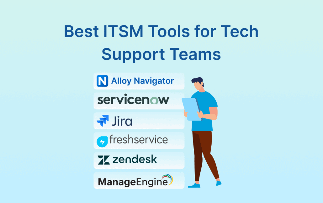 Best ITSM tools for tech support teams comparison graphic with Alloy Navigator, ServiceNow, Jira, Freshservice, Zendesk, and ManageEngine.