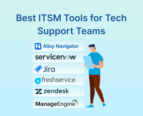 Best ITSM tools for tech support teams comparison graphic with Alloy Navigator, ServiceNow, Jira, Freshservice, Zendesk, and ManageEngine.