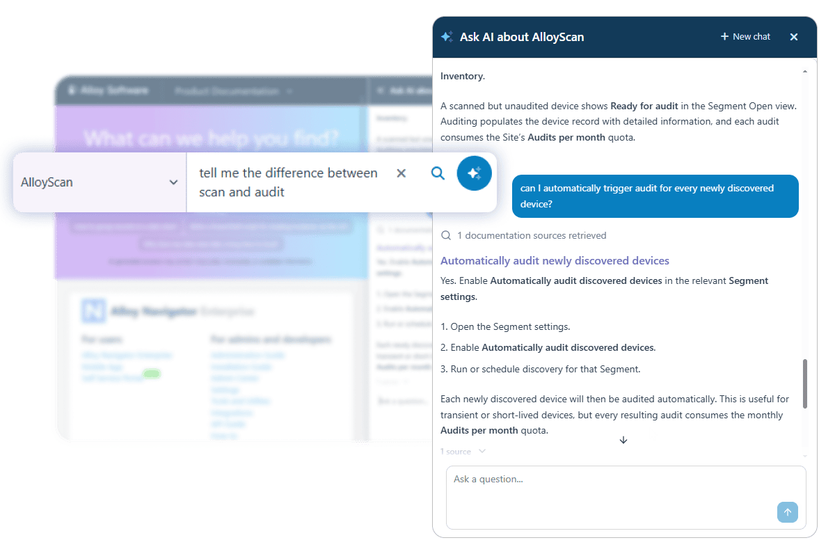 1-ai-doc-search-chat AlloyScan AI chat explains scan versus audit and how to automatically audit newly discovered devices.