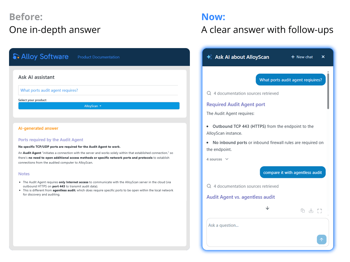 2-ai-doc-search-chat-compare Before-and-after comparison of Alloy documentation search, showing the new conversational AI chat interface.