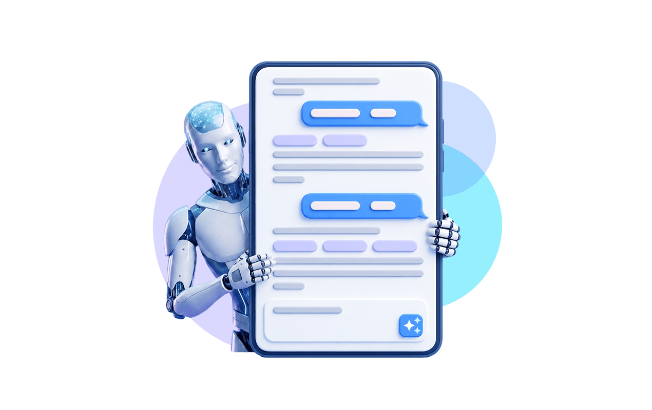 ai-doc-635x400 Robot holding a large chat interface with blue and purple abstract circles in the background.