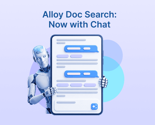 Banner reading “Alloy Doc Search: Now with Chat,” featuring a robot holding a large chat interface.