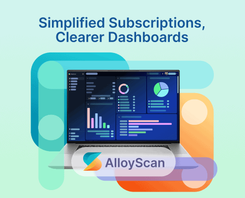 “Simplified Subscriptions, Clearer Dashboards” graphic featuring an AlloyScan analytics dashboard on a laptop.