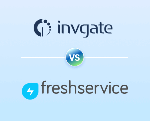 InvGate and Freshservice logos separated by a glowing “VS” badge on a light blue background.