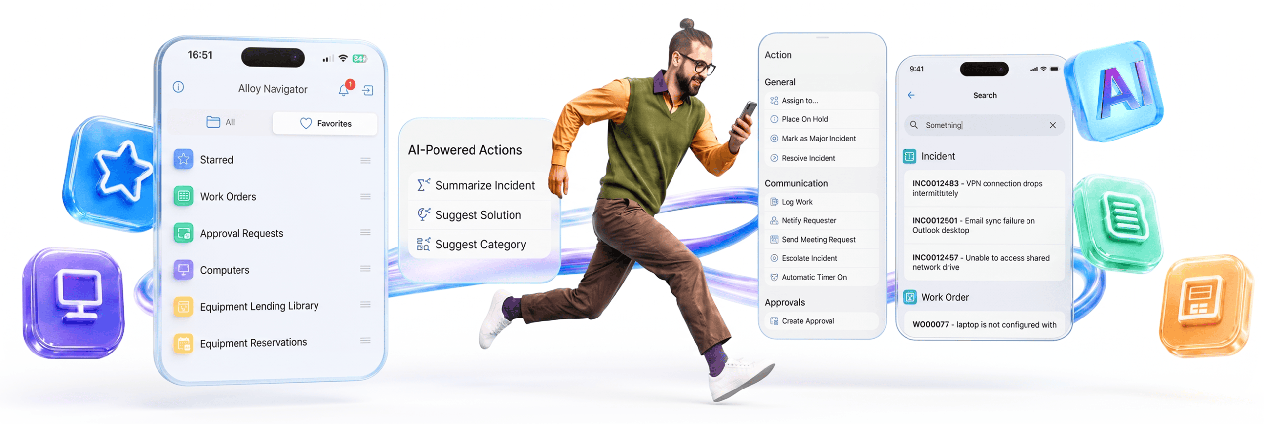 Man running with a phone among floating Alloy Navigator screens for navigation, incidents, views, and actions.