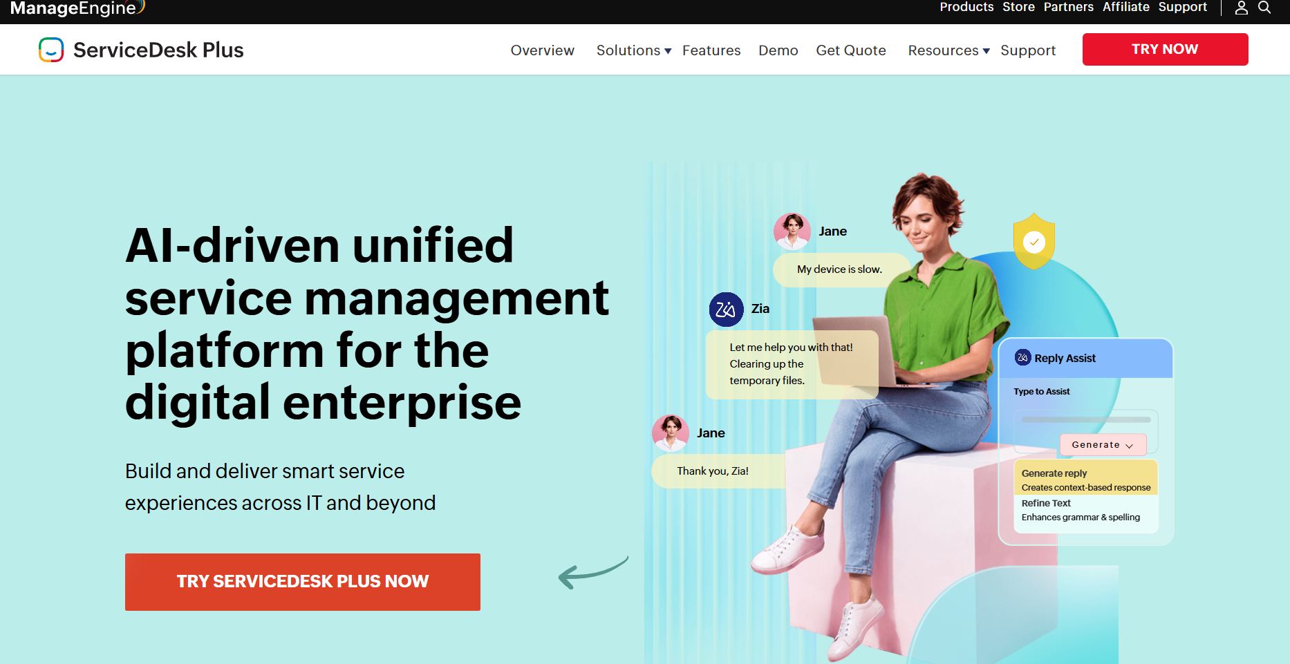 best-help-desk-software-10 ManageEngine ServiceDesk Plus homepage promoting AI-driven service management with Zia assistance for IT teams.