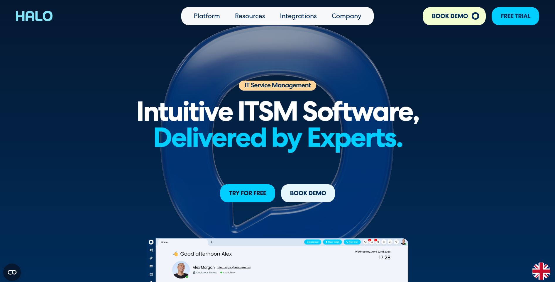 best-help-desk-software-11 HaloITSM homepage promoting intuitive IT service management software with free trial and demo options.