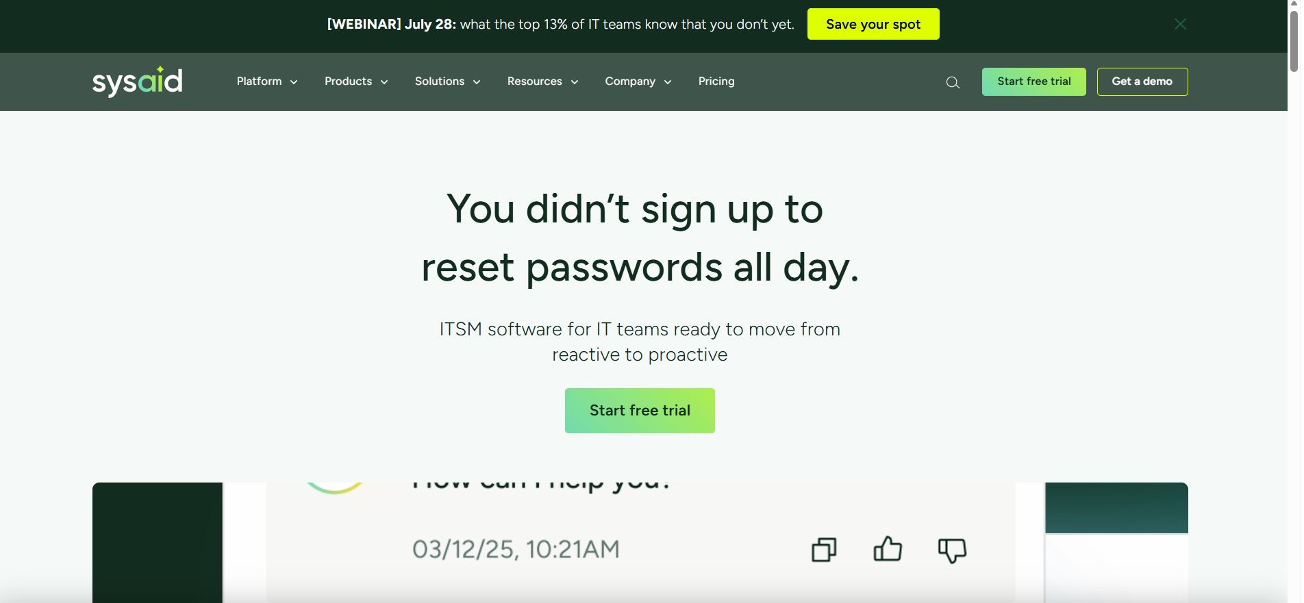 best-help-desk-software-12 SysAid homepage promoting proactive ITSM software with automation to reduce repetitive support tasks like password resets.