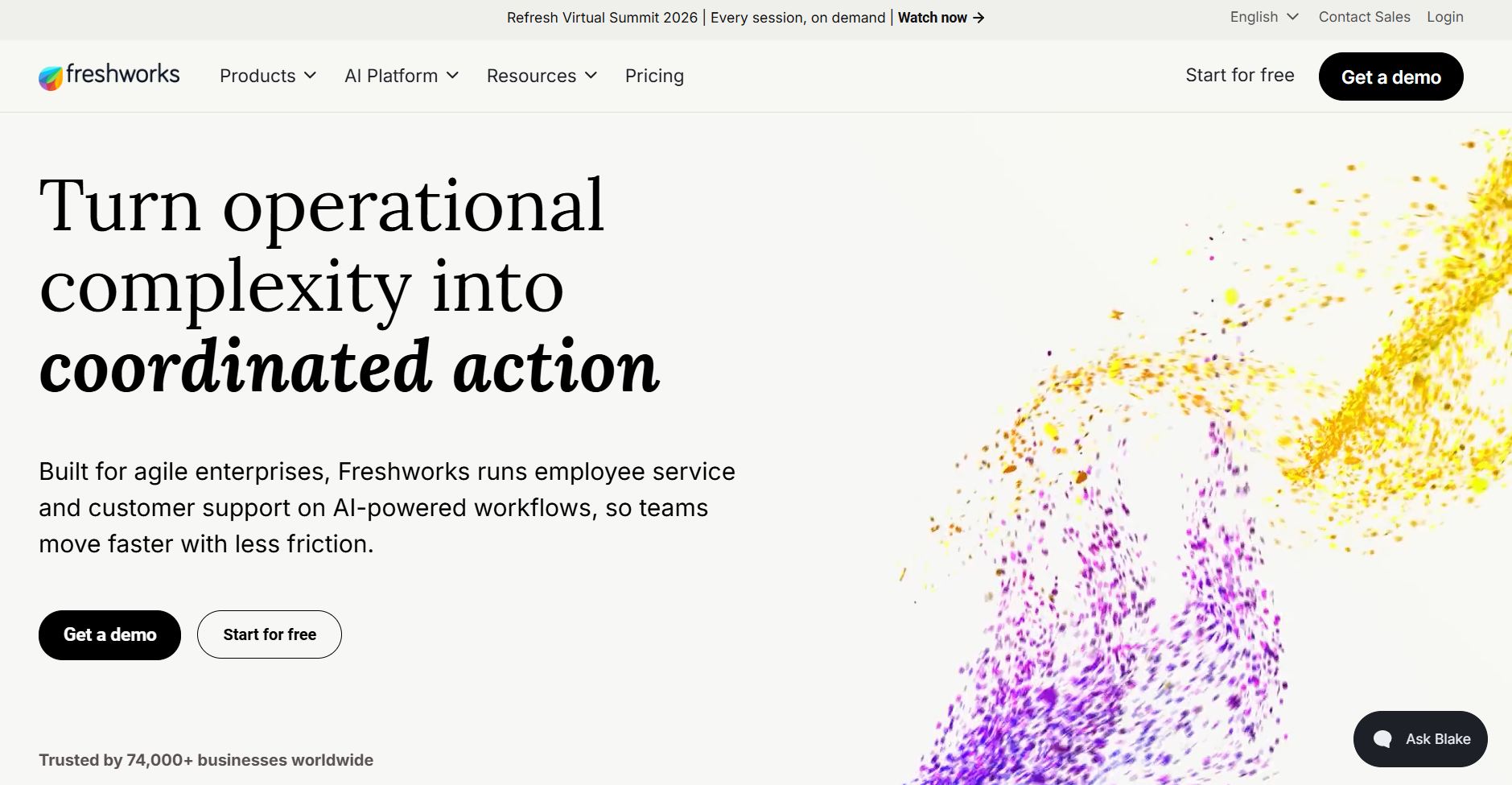 best-help-desk-software-4 Freshworks homepage promoting AI-powered workflows for employee service and customer support across agile enterprises.