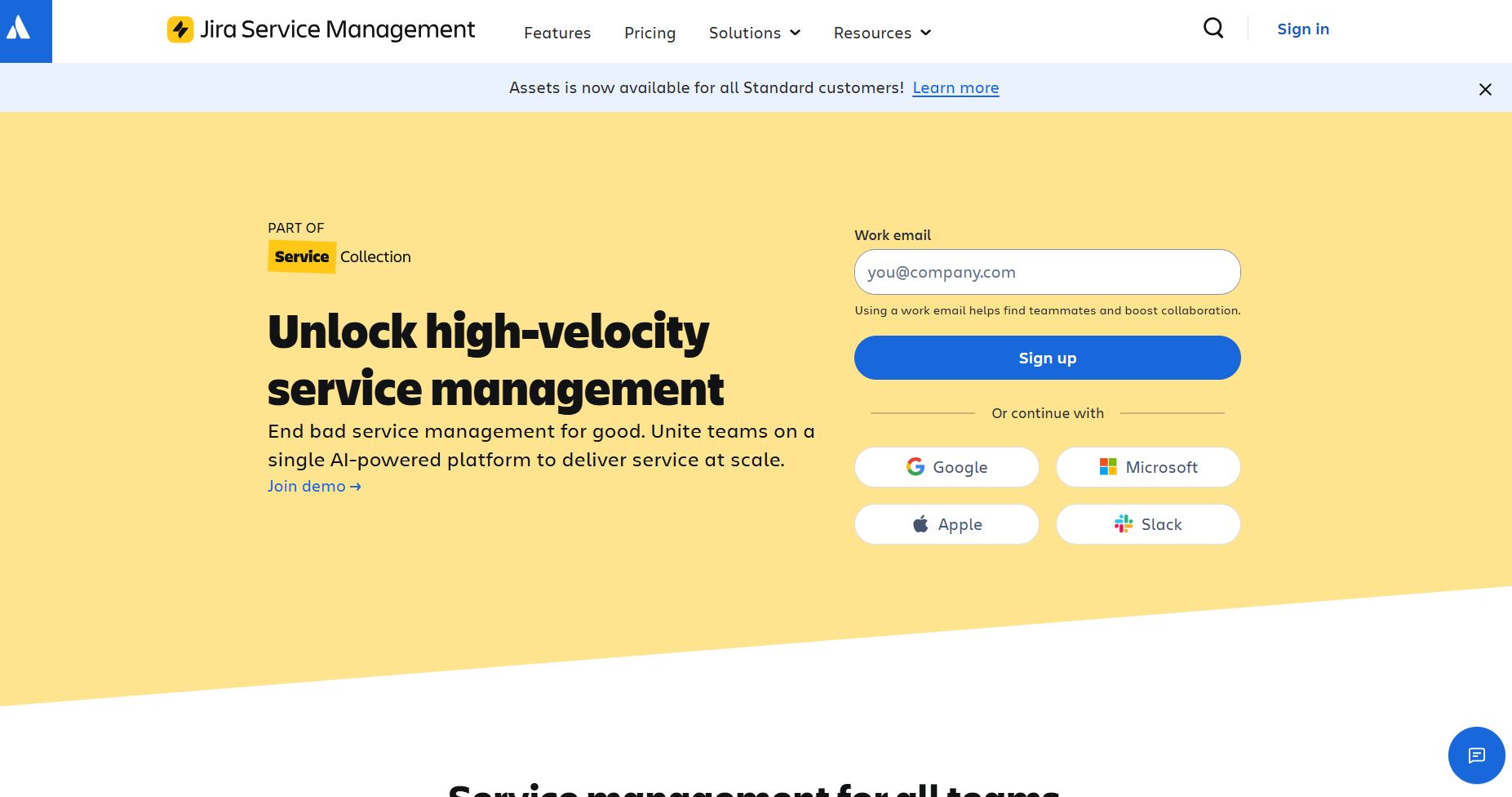 best-help-desk-software-5 Jira Service Management homepage featuring AI-powered service management with signup options for business teams.