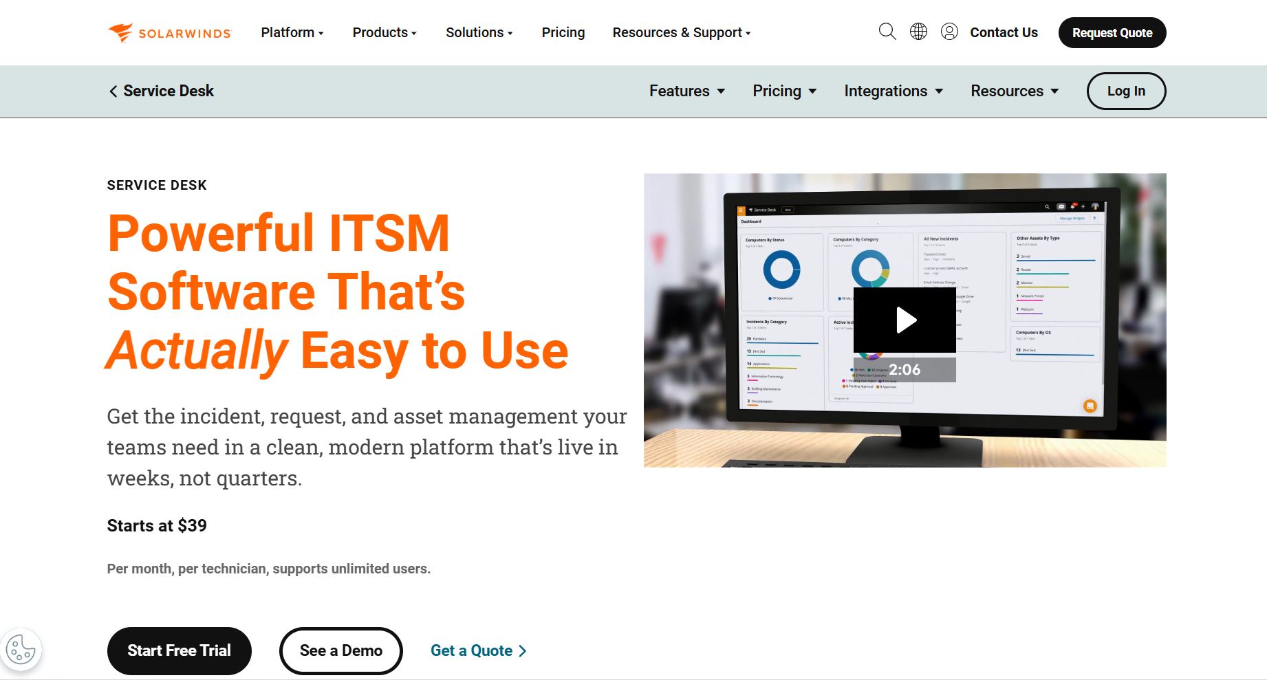 best-help-desk-software-6 SolarWinds Service Desk homepage promoting easy-to-use ITSM software for incident, request, and asset management.