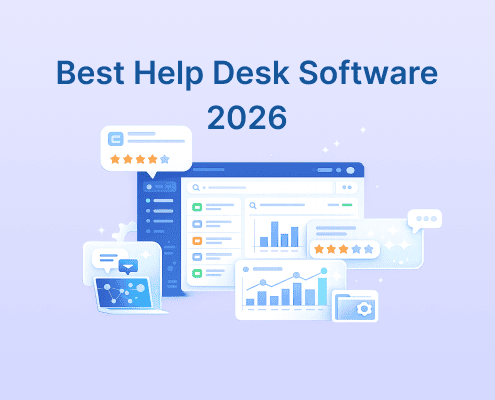 Best Help Desk Software 2026 graphic featuring a support dashboard, star ratings, analytics charts, and chat tools.