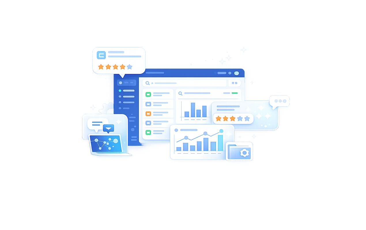 best-help-desk-software-635x400-t Help desk software dashboard illustration with customer ratings, analytics charts, messaging, and settings icons.
