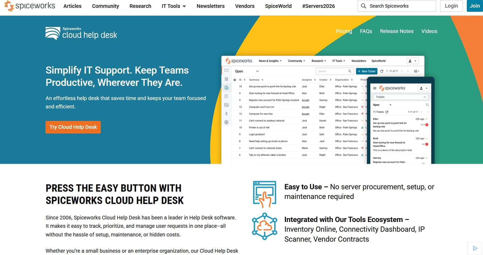 best-help-desk-software-9 Spiceworks Cloud Help Desk homepage showing ticket management on desktop and mobile for streamlined IT support.