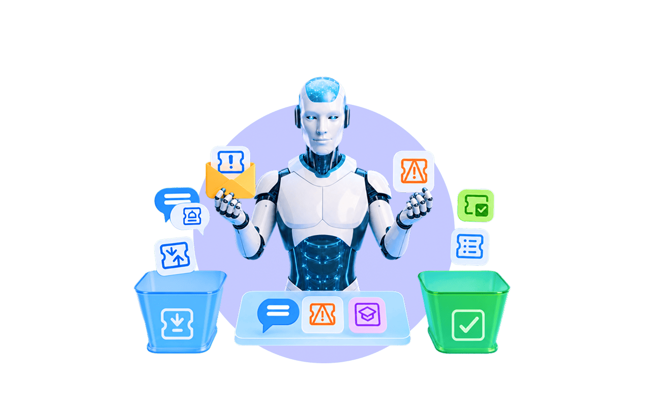 it-ai-ticketing-635x400 Futuristic AI robot sorting support-ticket icons between unresolved and resolved bins, representing automated IT ticket management.