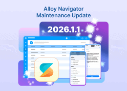 Alloy Navigator Maintenance Update 2026.1.1 banner featuring desktop and mobile interfaces with AI tools.